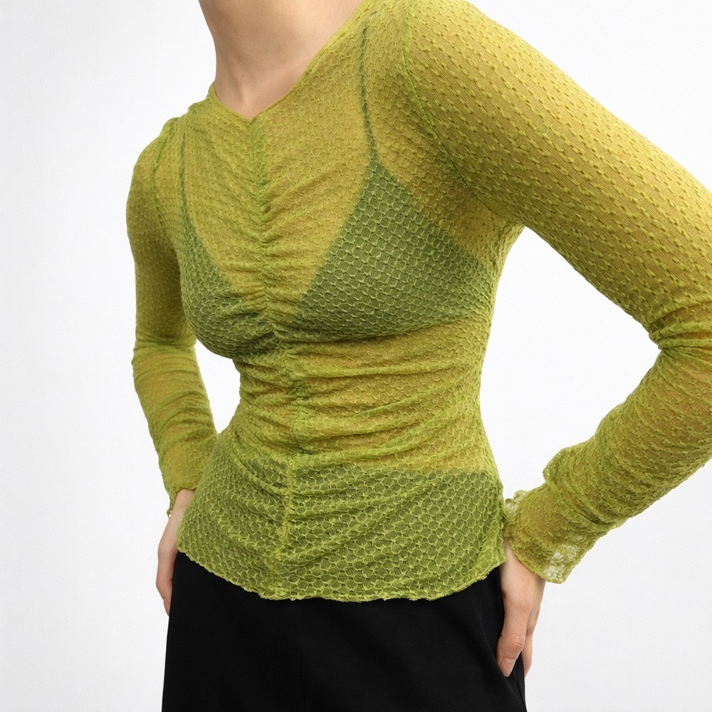 OAK + FORT Lime Green Chartreuse Sheer Ruched Long-Sleeve Top